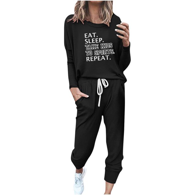 Pisexur Womens Lounge Set 2 Piece Outfits Long Sleeve Letter Print Blouses Tops Drawstring Pockets Long Pants Track Suits Plus Size Vacation Outfits Sweatsuit Set S-5XL