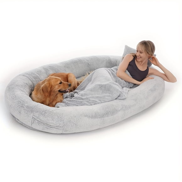 1pc Human Sized Dog Bed, Washable Faux Fur Nap Bed, Oval Removable Large