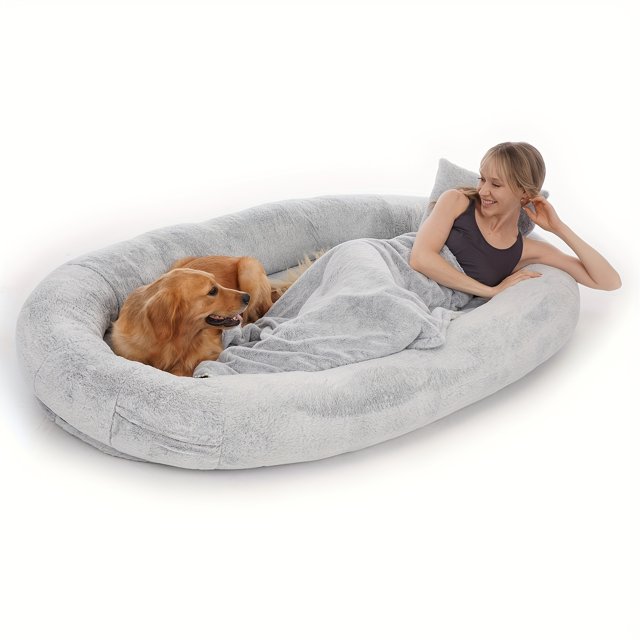 1pc Human Sized Dog Bed, Washable Faux Fur Nap Bed, Oval Removable Large