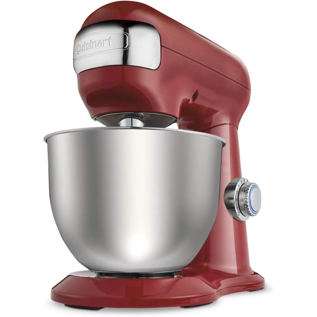 Cuisinart Stainless Steel Precision Master 4.5-Quart Tilt-Head Stand Mixer in red with a 300-watt motor, 12-speed control dial with blue light ring, tilt-back head, and 4.5-quart stainless steel bowl with handle, ideal for mixing, whipping, and kneading dough.