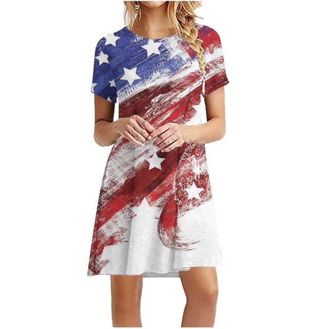 LNGOOR Robes d'Été de Jour de l'Indépendance pour les Femmes à Manches Courtes Étoiles Rayures Imprimées Casual Col Rond une-Ligne Mini Robe
