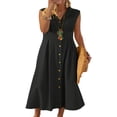 thumbnail image 1 of Robe Vintage en Coton et Lin pour Femmes, Robe Midi Décontractée d'Été à Boutons, Col en V, Grande Taille p-3TG, 1 of 6