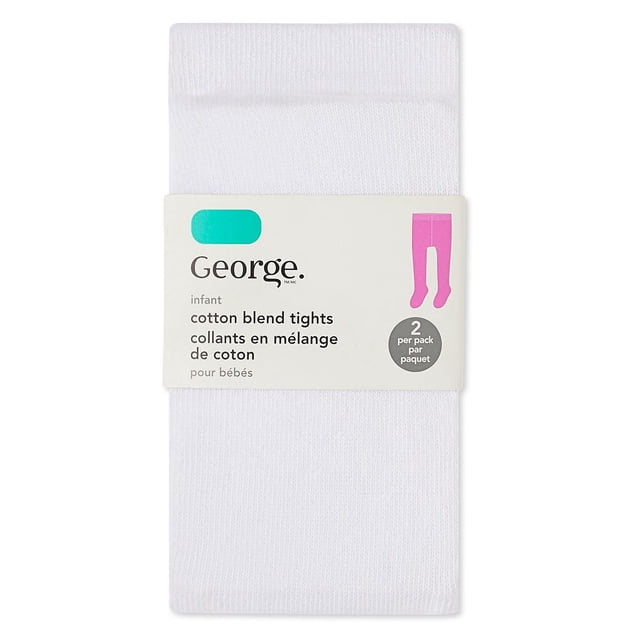 George Baby Girls' Tights 2-Pack in white cotton blend knit fabric with elasticized waistband for a secure stretch fit, folded with packaging label showing 2 pairs per pack, suitable infant pantyhose for daily wear.