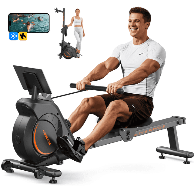 Yosuda Magnetic Rowing Machine 350 lbs Weight Capacity - Foldable Rower for Home Use with Bluetooth, App Supported, Tablet Holder and Comfortable Seat Cushion, Easy Vertical Storage