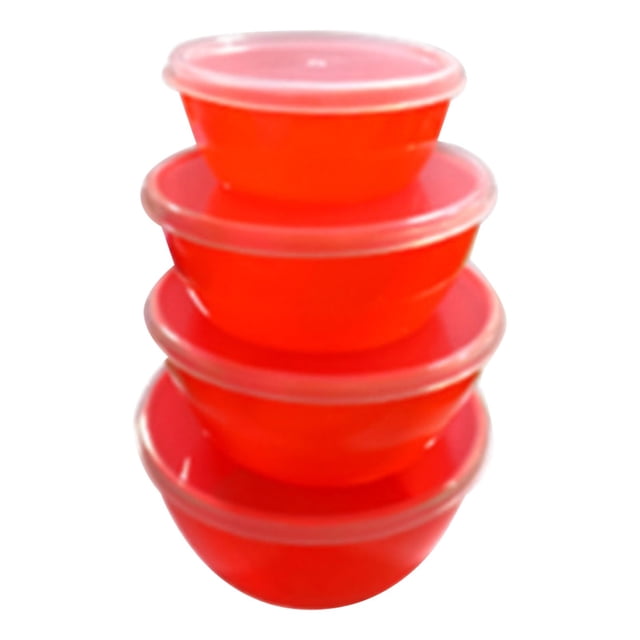 Food Storage Containers, Stackable Plastic Bowls with Lids in a vibrant orange color, shown in a set of four nested bowls with clear airtight lids. These round, space-saving containers are ideal for meal prep, salad storage, and kitchen organization. Made of durable plastic, they are microwave and dishwasher safe, designed for efficient storage and versatile use in food preparation and storage.