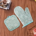 thumbnail image 1 of Heat Resistant Kitchen Gloves and Mat Set, Cotton Polyester Oven Mitts with Hanging Hook, High Temperature Protection for Baking Cooking Microwave, 10.2x4.7 inches, Available in Green Blue, 1 of 6