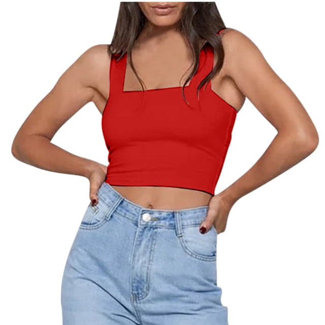 AherBiu Crop Tops pour Femmes Col Carré Sans Manches Couleur Unie Extensible Ajusté Confortable pour Sortir