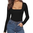 thumbnail image 4 of fartey Justaucorps à Manches Longues pour Femmes Noir Col Carré Extensible Coupe Ajustée Hauts Justaucorps Combinaison Gaine, 4 of 6