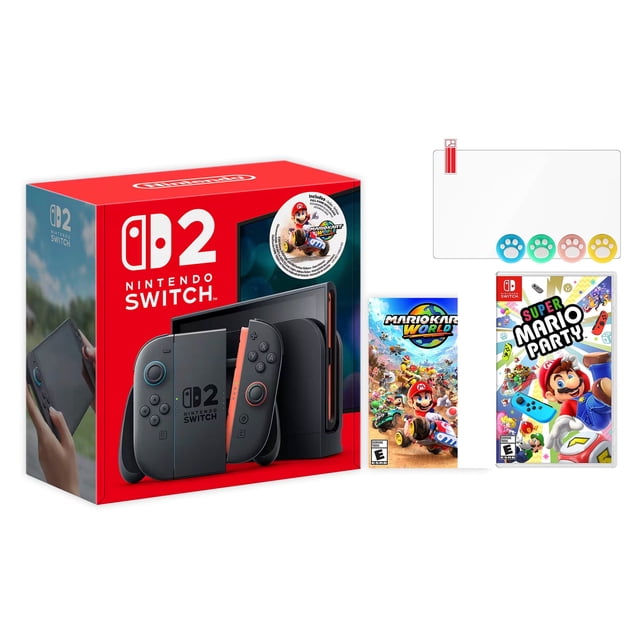 Nintendo Switch 2 Mario Kart World Bundle 256GB 7.9-Inch 1080P Screen, Joy-Con 2 with Mouse Sensor, Dock, with Super Mario Party And Mytrix Joystick Caps & Screen Protector