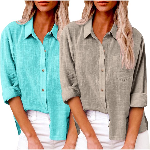 Timegard 2pc Cotton Linen Shirts for Women Plus Size Button up Side Split Blouse Fall Solid Color Tops