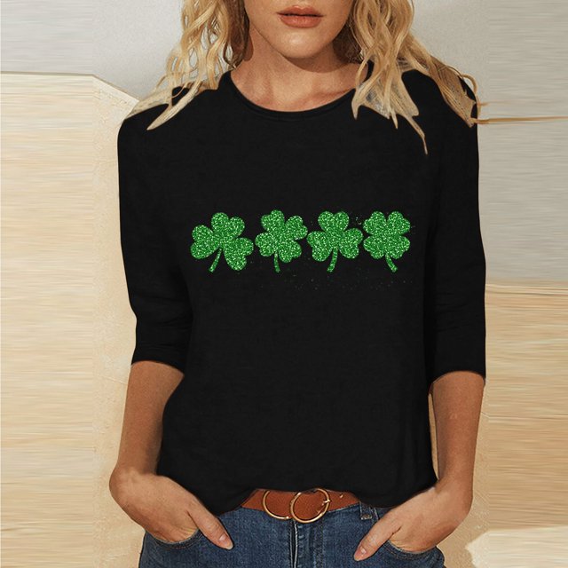 T-Shirt Ample à Manches Trois-Quarts et Col Rond Imprimé pour la Saint-Patrick pour Femmes