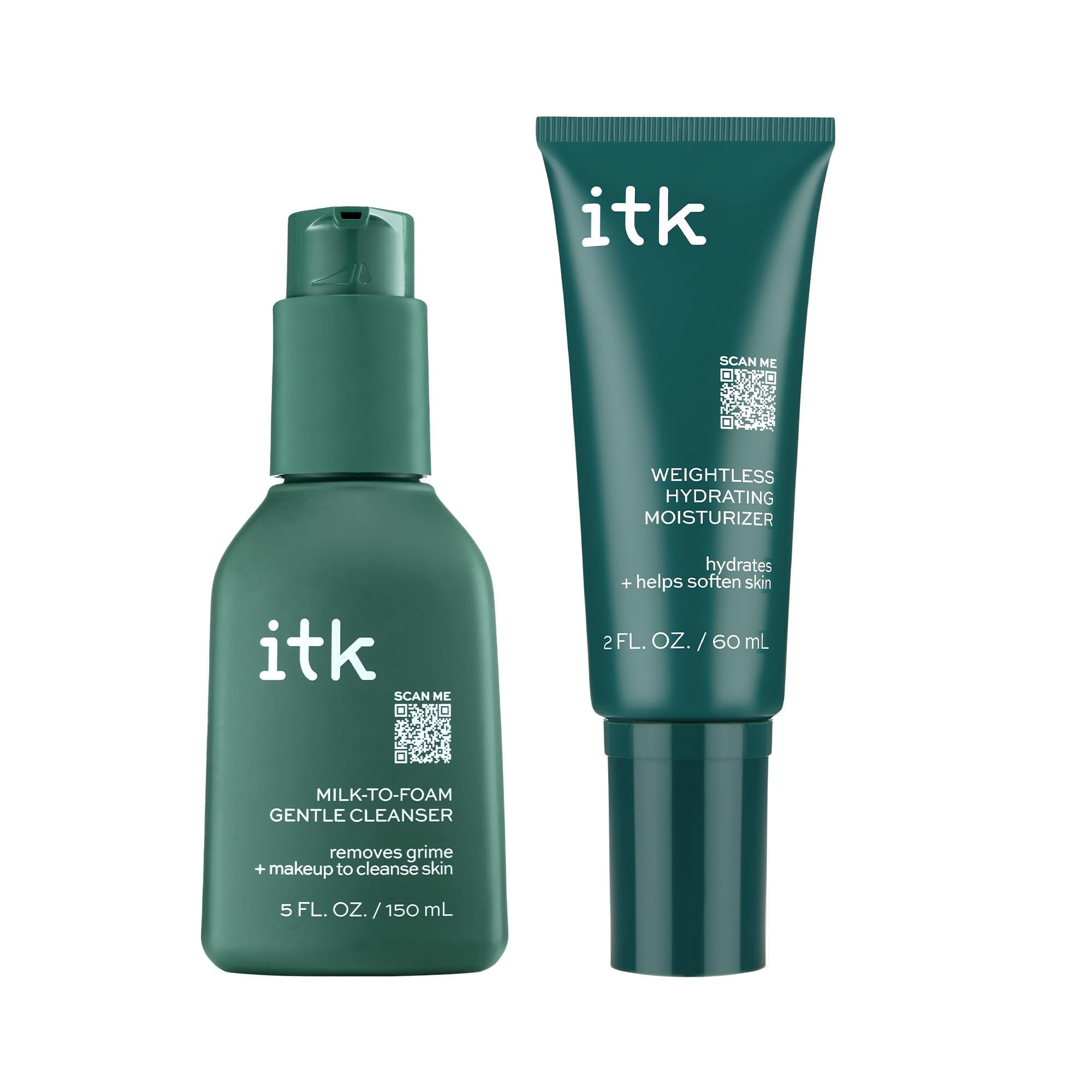 ITK Skincare Cleanser + Moisturizer Set - Milk-To-Foam Face Wash Cleanser + Weightless Hydrating Moisturizer for Smooth and Nourished Skin - Helps Remove Makeup + Hydrat