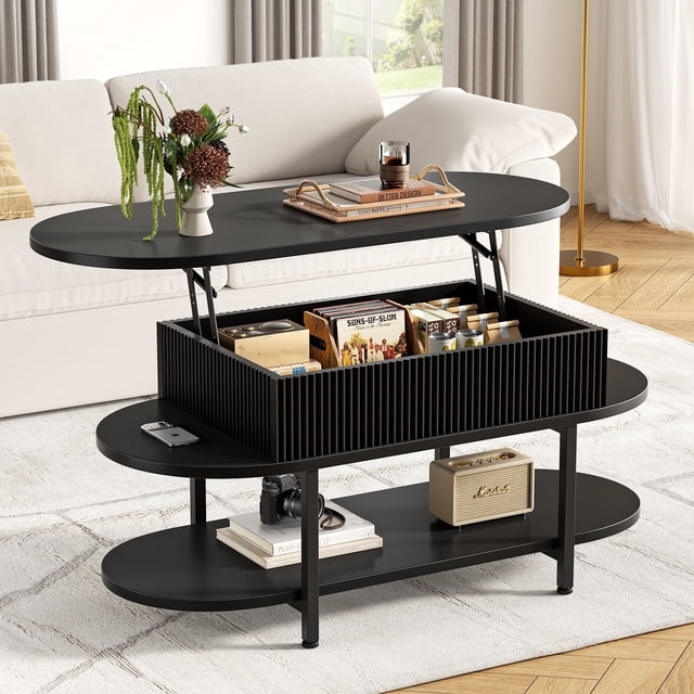 GUNAITO Lift Top Coffee Table with Storage, black modern farmhouse design. Features a liftable top for adjustable height, ideal for dining, working, or playing games. Hidden storage compartment underneath and a lower tier shelf for additional organization. Made of durable EPA-compliant particleboard with rounded edges for safety, blending seamlessly with living room furniture and decor.