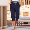 thumbnail image 3 of Lroveb Capri Pants for Women Drawstring Workout Summer Pants Shorts 2024 High Waisted Ruffle Floral Pleated Hem Casual Pants Dark Blue, 3 of 5
