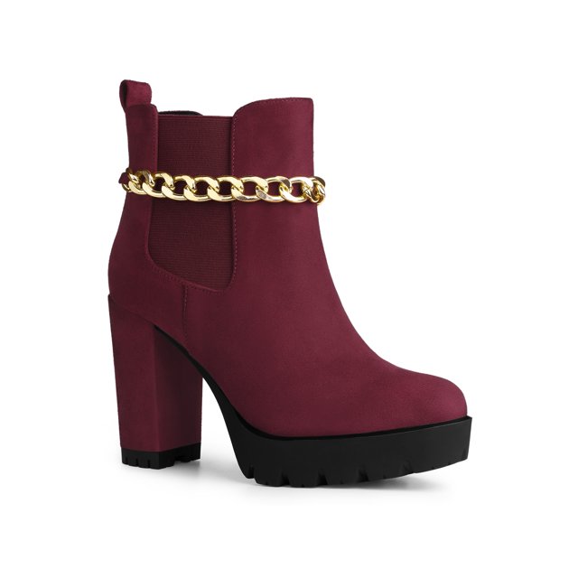 BLISSFUL STEP Women's Platform Chain Block High Heel Ankle Boots Burgundy 8