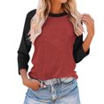 thumbnail image 2 of Plebaso T-Shirts à Manches 3/4 pour Femmes Col Rond Hauts à Blocs de Couleur Décontractés Amples T-Shirts Blouses pour Femmes, 2 of 4