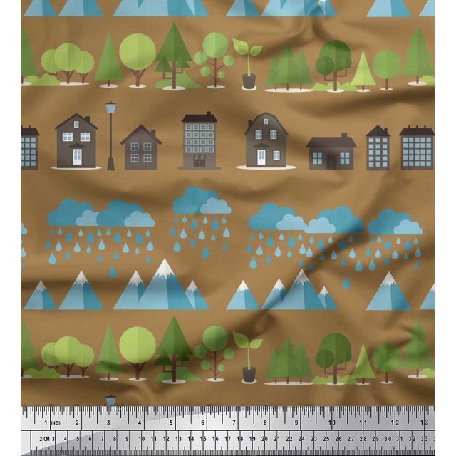 Soimoi Polyester Crepe Fabric Tree,House & Raindrop Nature Print Sewing Fabric Yard 52 Inch Wide