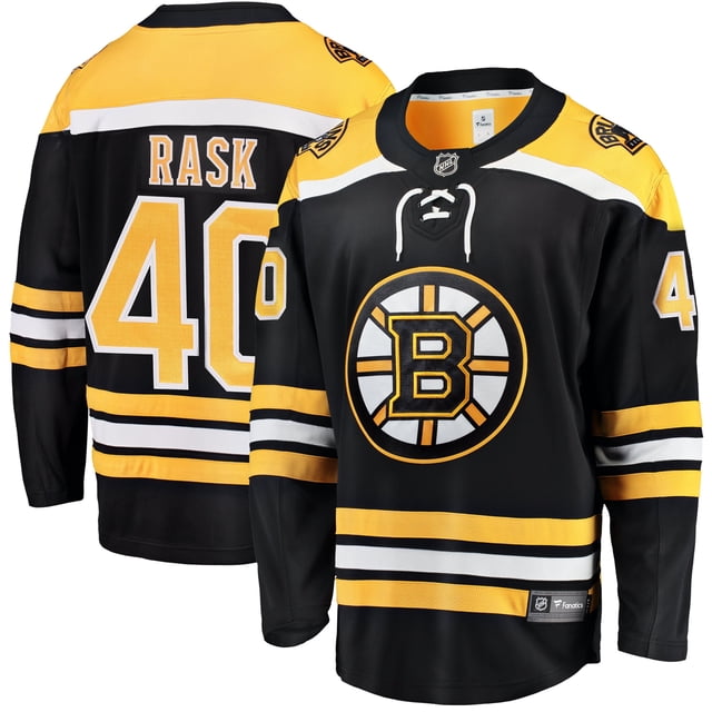 Tuukka Rask Boston Bruins NHL Fanatics Breakaway Home Jersey in XX-Large size, featuring authentic team graphics, black and gold color scheme, and tackle-twill sewn-on player name and number. Includes NHL Shield patch on the front collar and Fanatics branding on the bottom left hem. Made from 100% polyester with a tailored fit and breathable fabric for comfort. Ideal sports fan apparel for showcasing team loyalty.