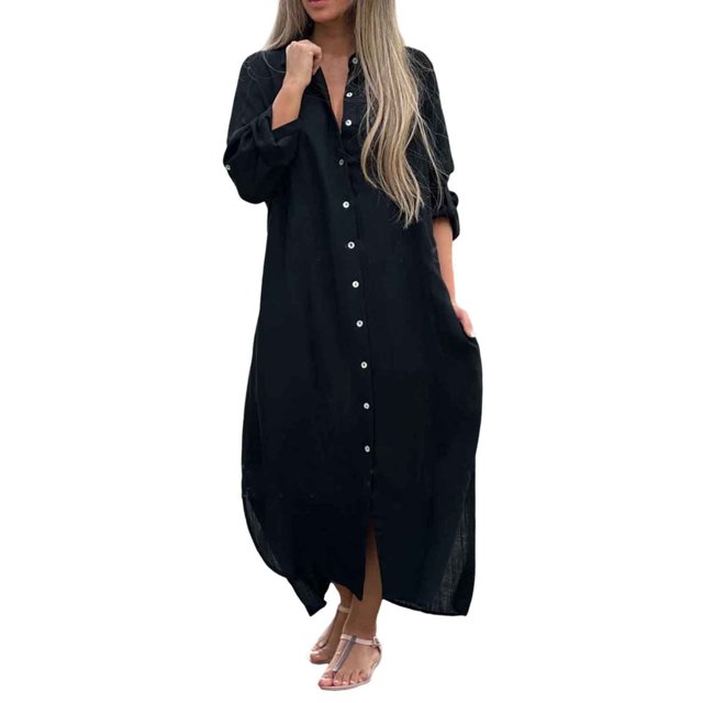 Kcodviy Chemise Robe Unie pour Femmes Vêtements d'Été Décontractés pour Femmes Jupe Longue Décontractée Longue Robe Confortable Manche Cardigan Robe