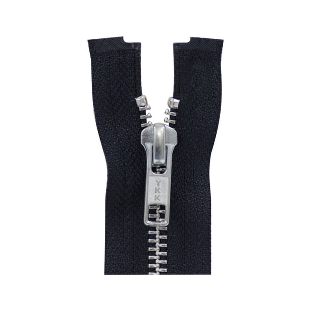 Costumakers Fermeture Éclair à Séparation Unidirectionnelle 75 cm (29,5) avec Ruban en Tissu Tissé Noir et Dents Métalliques Argent #5, Présentant un Curseur YKK en Métal Argenté, Vue de devant Gros Plan sur Fond Blanc, Idéal pour Manteaux et Vestes.