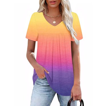 Jovati Short Sleeve V-Neck T-Shirt for Women, Printed Design, Polyester Spandex Blend, Loose Fit, Casual Daily Wear, Yellow