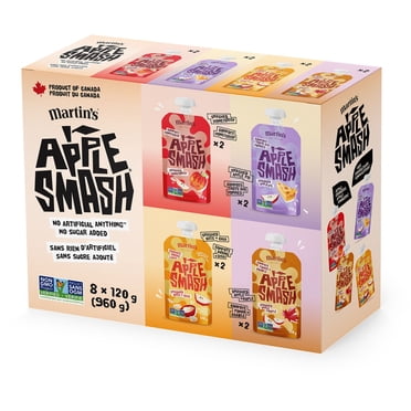 Martin's Apple Smash® Fruit Sauce Pouches Variety Pack, Honeycrisp, Apple Pie, Maple, and Oats + Chia, box of 8, 120g per Pouch