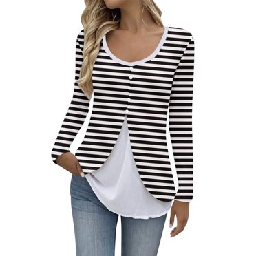 cfhntfmh Long Sleeve Shirts for Women 2 in 1 Patchwork Tops Crew Neck Striped Tops Slim-Fit Stretch T Shirts Going out Tops