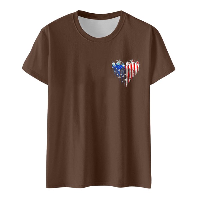 Hauts pour Femmes Jour de l'Indépendance Drapeau Col Rond Imprimé Lettre Manches Courtes T-Shirts pour Femmes Marron TTG