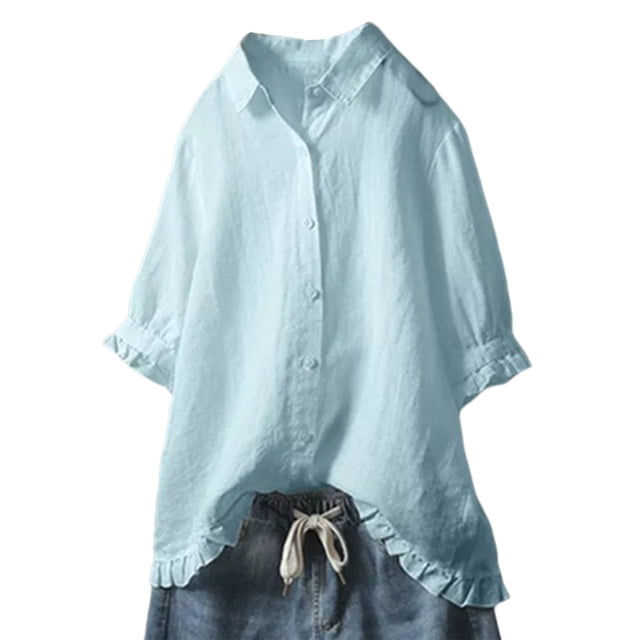 MAWCLOS Chemises pour Femmes Couleur Unie Blouse Boutonnée Tunique Ample à Volants Cyan 4TG