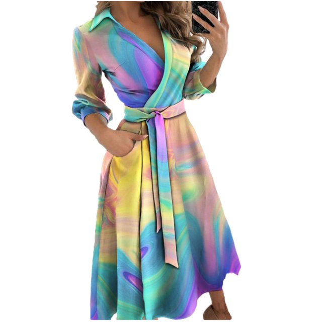 Fridja Robe Mi-Longue Décontractée à Col en V Imprimée à la Cheville pour Femme