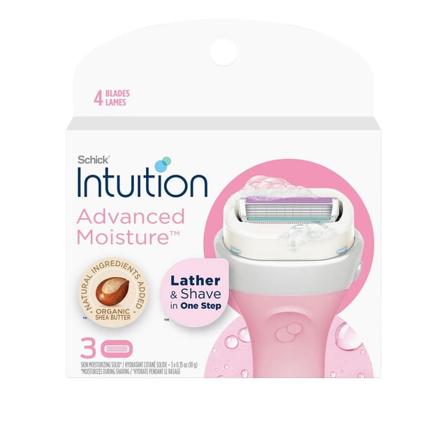 Schick Intuition Advanced Moisture Women’s Razor Refills with Shea Butter featuring a 4-blade pivoting head and moisturizing solid that lathers and shaves in one step, shown in white and pink packaging with organic shea butter and skin conditioning formula.