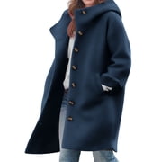 Yanlir Womens Casual Hooded Wool Coat Long Sleeve Button Front Jacket Winter Warm Outerwear Soft Comfortable Daily Wear Fall and Spring Fashion Tops(Navy,XL)