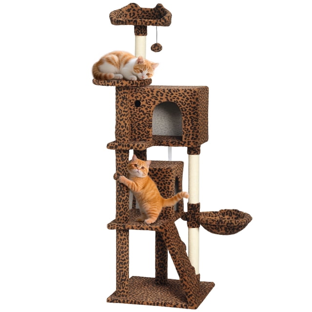 PawHut Arbre à Chat de 63 Pouces avec Poteaux à Griffer en Sisal, Condos, Tour pour Chat à Plusieurs Niveaux à Imprimé Léopard en Peluche à Imprimé Léopard avec Poteaux à Griffer Enveloppés de Sisal, Deux Condos, Hamac, Échelle et Perchoir Supérieur avec Balle Suspendue; base Renforcée et Sangle Anti-Basculement visible pour la Stabilité, 63 Po (160 cm) de Hauteur; Convient Aussi comme Cachette Compacte pour Petits Animaux de Compagnie pour Furets Ou Chatons.