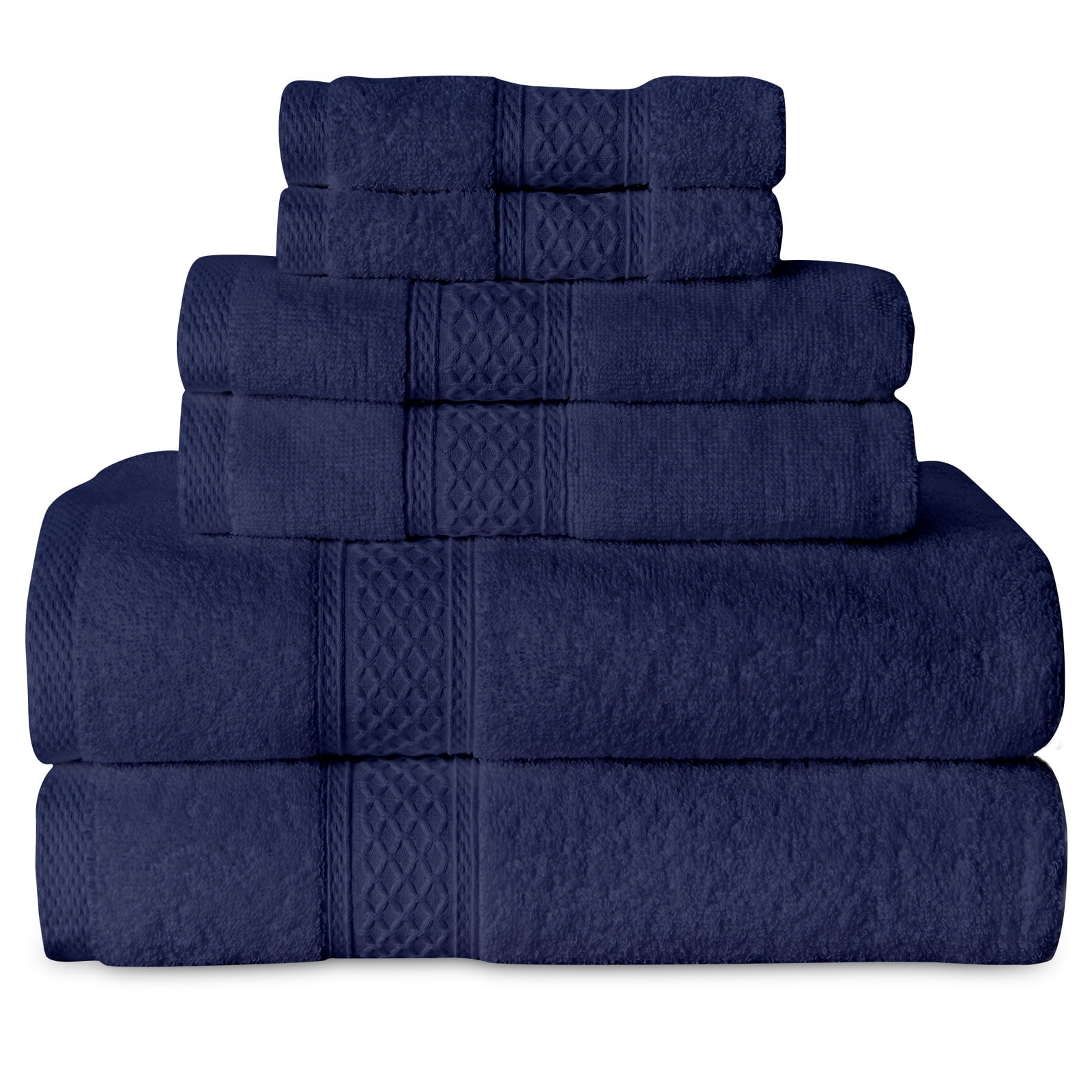 Gogreen White Bath Towel Sets of 6 Pieces, 2 Bath Towels 2 Hand Towels 2 Washcloths, 100% Cotton Highly Absorbent Towels for Bathroom, Gym, Hotel (Dark Blue)