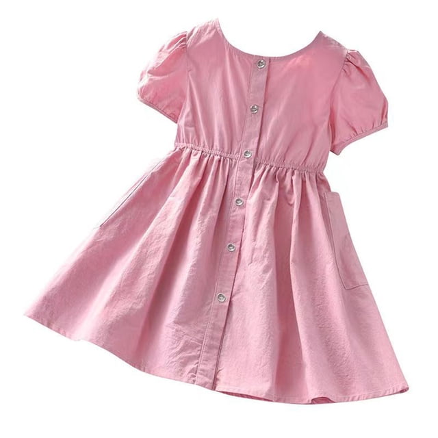 Yanlir Robe à Boutons à Col Rond pour Filles 2-7 Ans Été à Manches Courtes Mignonne avec Nœud Robe de Princesse pour Occasions Confortables et Polyvalentes (Rose, 2 Ans)