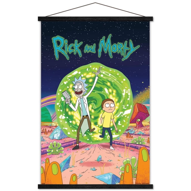Rick And Morty - Affiche Murale de Couverture, 22,375 Pouces x 34 Pouces Représentant des Personnages Animés Rick And Morty Debout devant un Portail Tourbillonnant Vert Lumineux sur un Paysage Extraterrestre vibrant avec des formations Rocheuses Colorées et un Ciel Nocturne Étoilé, Imprimée sur Papier Lustré pour une Déco Murale Audacieuse dans les Chambres, Bureaux Ou Dortoirs.
