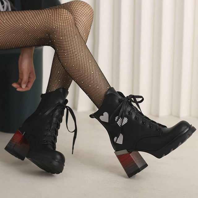 LSLJS High Bottines à Talons Hauts pour Femmes, Bottines à Talons Hauts Épaisses pour Femmes Heel à Plateforme à Lacets pour Étudiantes, Bottines et Bottillons pour Femmes