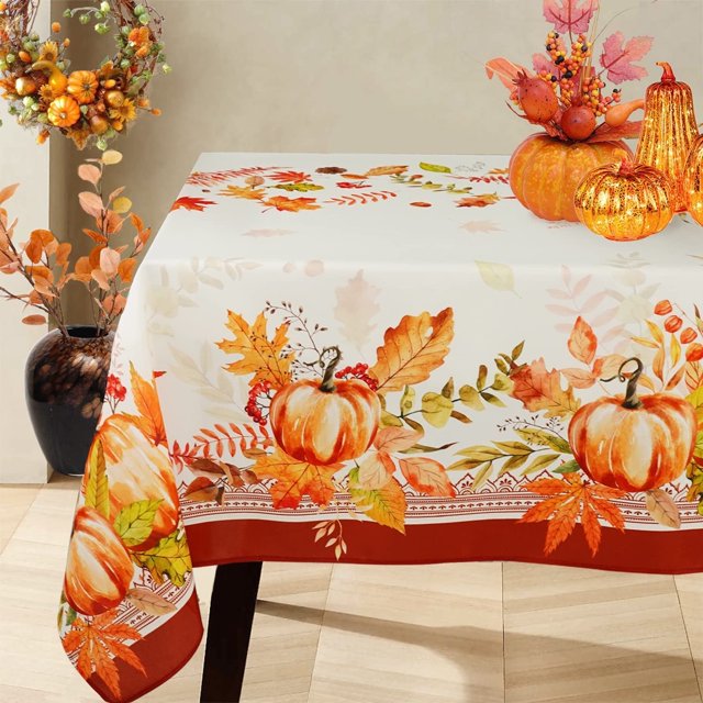Fall Thanksgiving Tablecloth, Pumpkin Maple Pine Cones Thanksgiving Round Table Cloth 60 x 60 for Farmhouse Decor,Perfect for Kitchen Dinner, Restaurant ,Outdoor Holiday Picnic Table Cover
