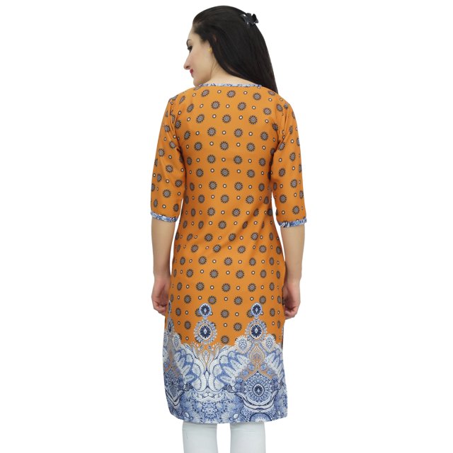 Bimba Tunique Imprimée pour Femme Kurti Kurta en Georgette Moutarde Blouse Indienne Longue-14