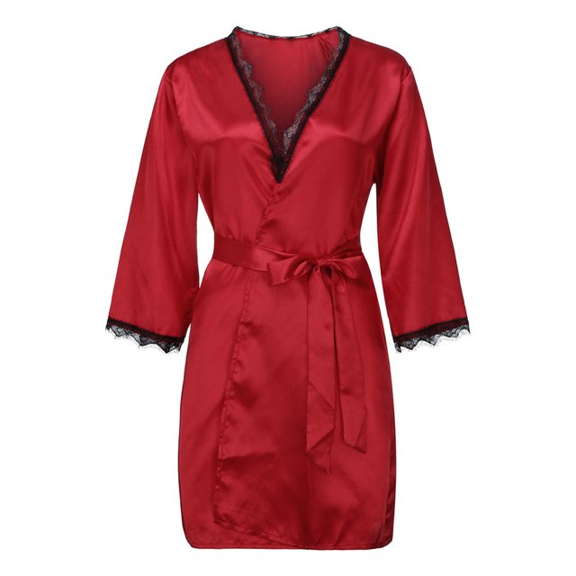 Ketyyh-chn99 sous-Vêtements Culottes pour Femmes Nouvelles Femmes Satin Mode Dentelle Patchwork Pyjamas Vêtements de Nuit Peignoir Manches Longues Rouge,G