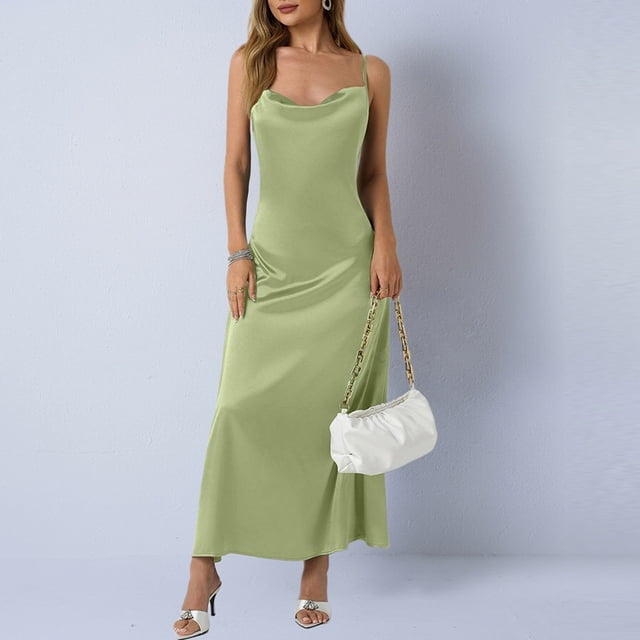 Mceream Robe Midi Moulante Froncée pour Femme à Bretelles Spaghetti Longue Combinaison Satin Soie Robe Midi Dos Nu Soirée Fête Invitée de Mariage Robe Cocktail Jaune m