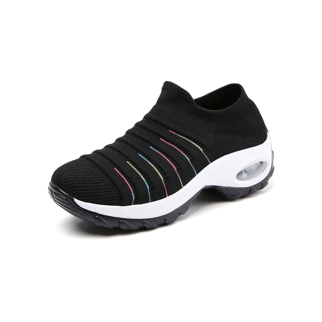 CVLIFE Espadrilles Respirantes à Coussin d'Air pour Femmes, Chaussures de Course Athlétiques à Enfiler pour l'Extérieur en Noir avec Semelle Plateforme Blanche et Surpiqûres Multicolores sur la Tige. Espadrilles Légères à Enfiler avec Bout Rond, design à Tige Basse et Semelle Extérieure à Coussin d'Air pour un Confort Accru. Fabriquées en Tissu Tissé Volant et en PU, Idéales pour les Tenues Décontractées, la Marche Ou les Activités Athlétiques en Toutes Saisons.