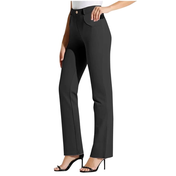 Lenpel Women's Yoga Dress Pants Business Casual High Waisted Straight Leg Work Pants Stretchy Office Slacks with Pockets(Black,X-Large)
