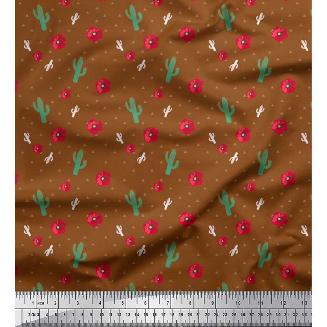 Soimoi Cotton Cambric Fabric Triangle,Floral & Cactus Tree Printed Fabric 1 Yard 42 Inch Wide