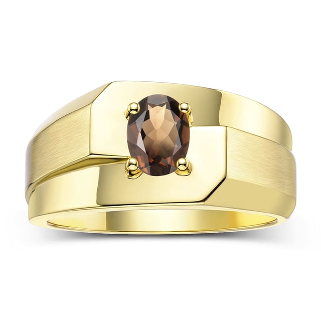 RYLOS Men's Rings 14K Yellow Gold Ring Classic Solitaire 7X5MM Oval Shape Gemstone Designer Band Smoky Quartz June Birthstone Rings For Men Size 8