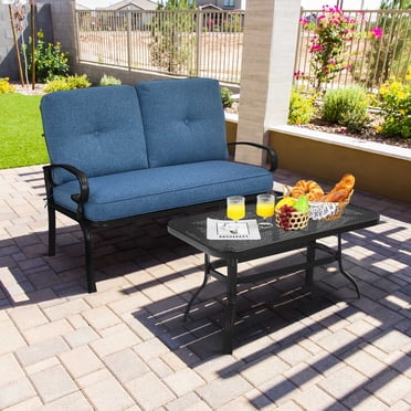 Costway 2PCS Patio Loveseat Bench Table Furniture Set Cushioned Chair Blue