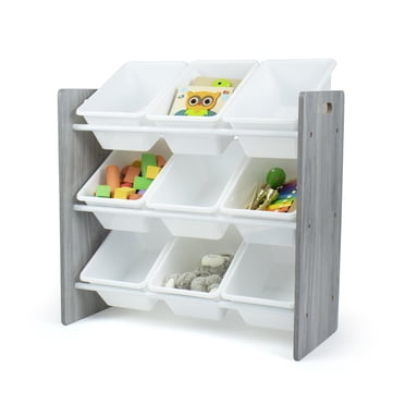 Rangement jouets, 9 bacs en plastique, bois gris