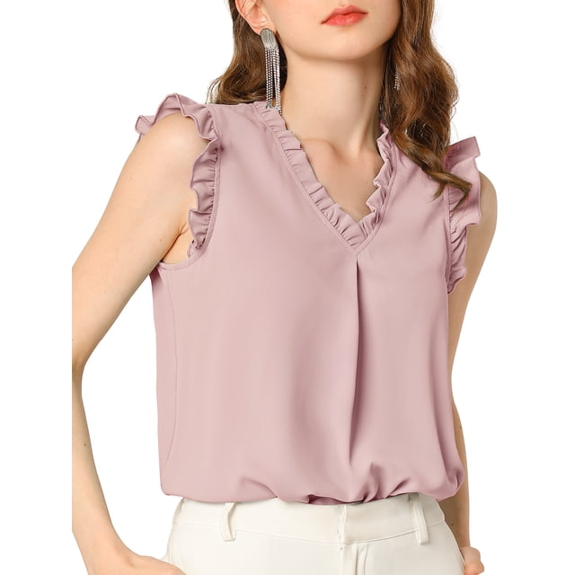 INSPIRE CHIC Women's Ruffled Sleeveless Pullover V- Neck Work Blouses Tops XS Pink