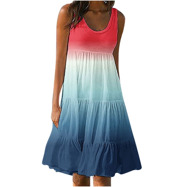 AherBiu Robe de Plage Grande Taille pour Femmes, Robe d'Été à Dégradé de Couleurs, Froncée, à Volants, Fluide, Midi, Style Camisole