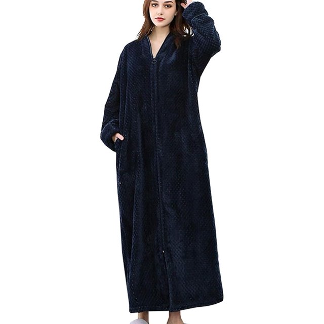 Ladies Zip Fleece Waffle Long Dressing Gown Fluffy Towelling Bathrobe Sleepwear